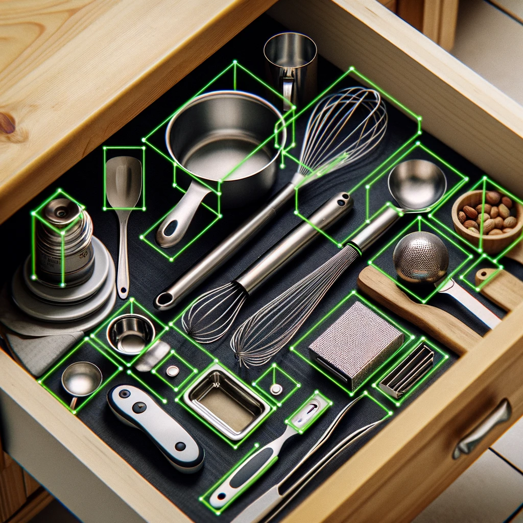 A modern kitchen with various items neatly organized and labeled using AI technology.