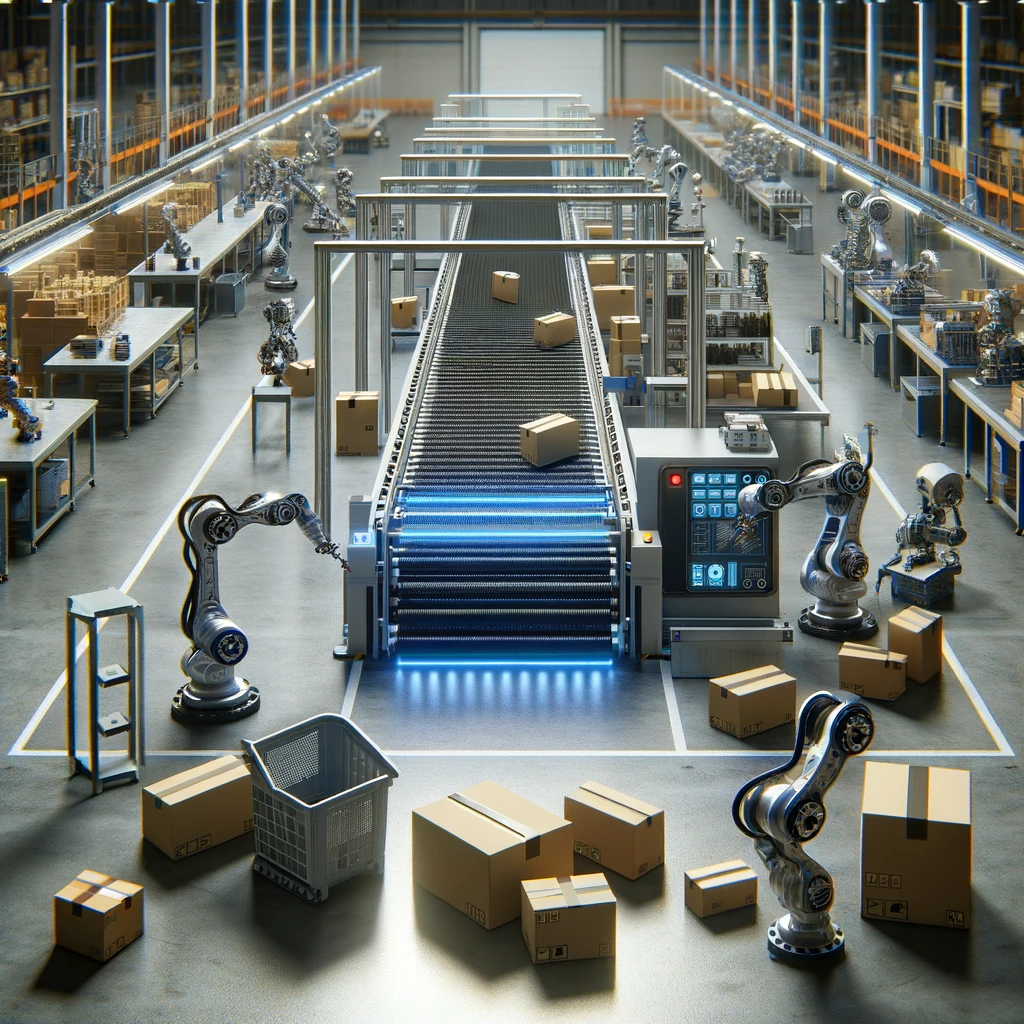 An industrial setup with AI-driven sorting machinery organizing various items.